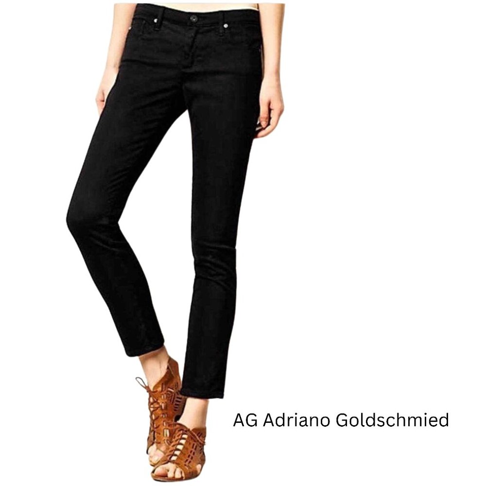 AG ADRIANO GOLDSCHMIED STEVIE ANKLE SLIM STRAIGHT BLACK SLIMMING JEANS, FRAYED